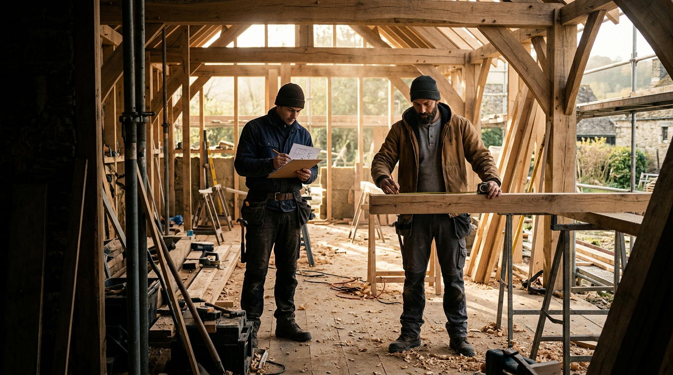 Deux artisans du bâtiment mesurant une poutre en bois dans une ossature en construction