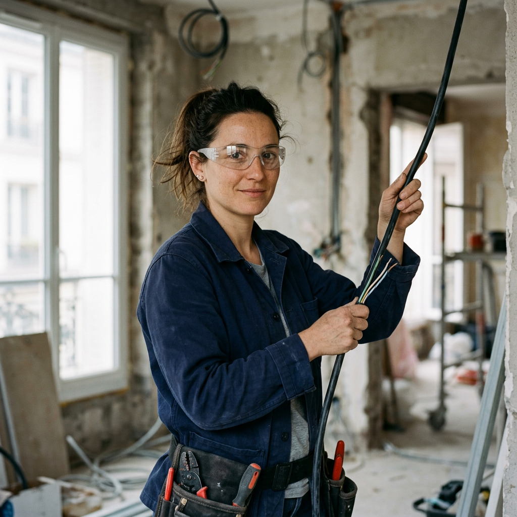 Électricienne sur un chantier de rénovation